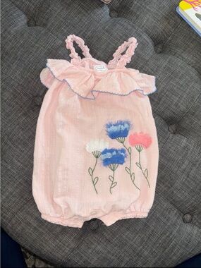 Mud Pie Pink Floral Embroidered Romper with Ruffle Trim